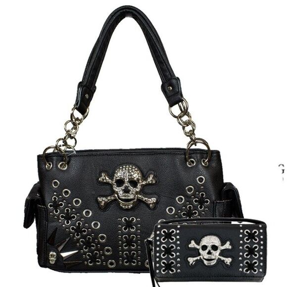 Women's Black Western Concealed Carry Purse And Wallet Set With Skull Embroidery - Picture 1 of 3